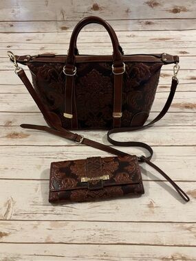 PIJUSHI Embossed Genuine Brown Leather Satchel and Crossbody Bag/Wristlet Set